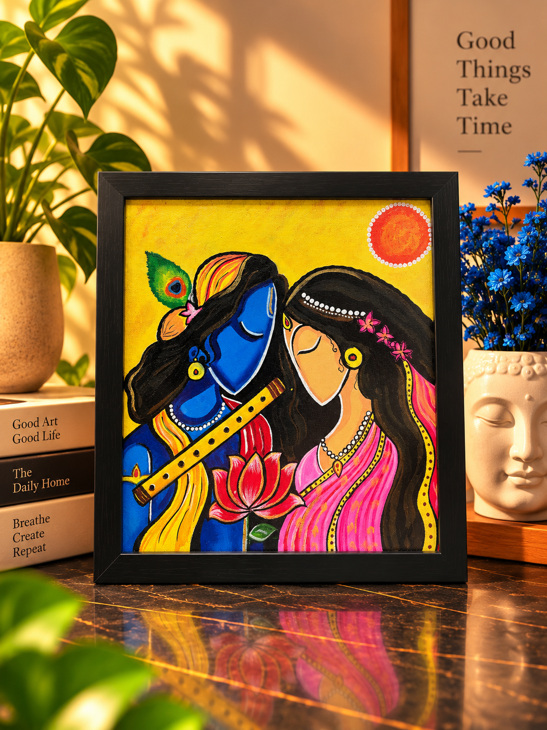The Blue Flute and the Pink Saree — Gouache on board by Pranjal